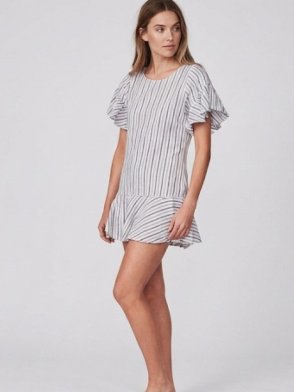 LoveShackFancy Cara Crewneck Striped Cotton Ruffle Mini Dress XS